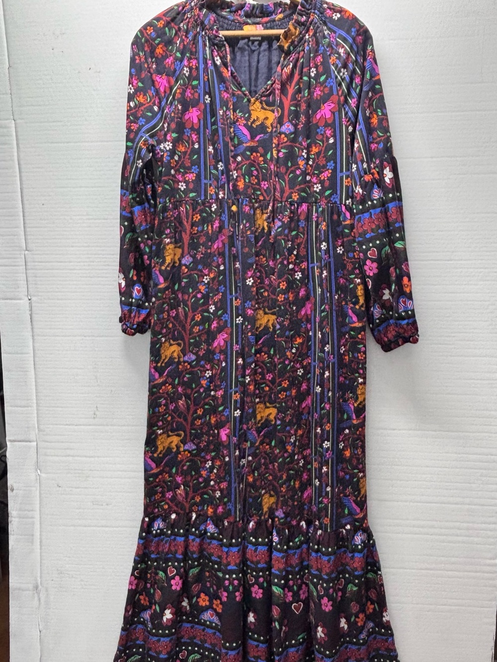 Briton Court Boho Tiger Floral Maxi Dress in Black with Pink & Purple Medium
